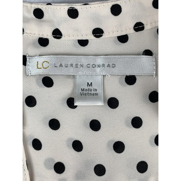 LC Lauren Conrad Button-Front Beige & Black Polka Dot Blouse Rolled Cuffs Medium - Picture 10 of 11